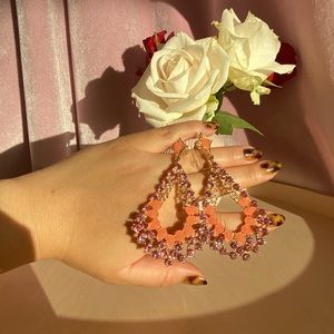 Peach Pink Rhinestone Gold Baroque Earring